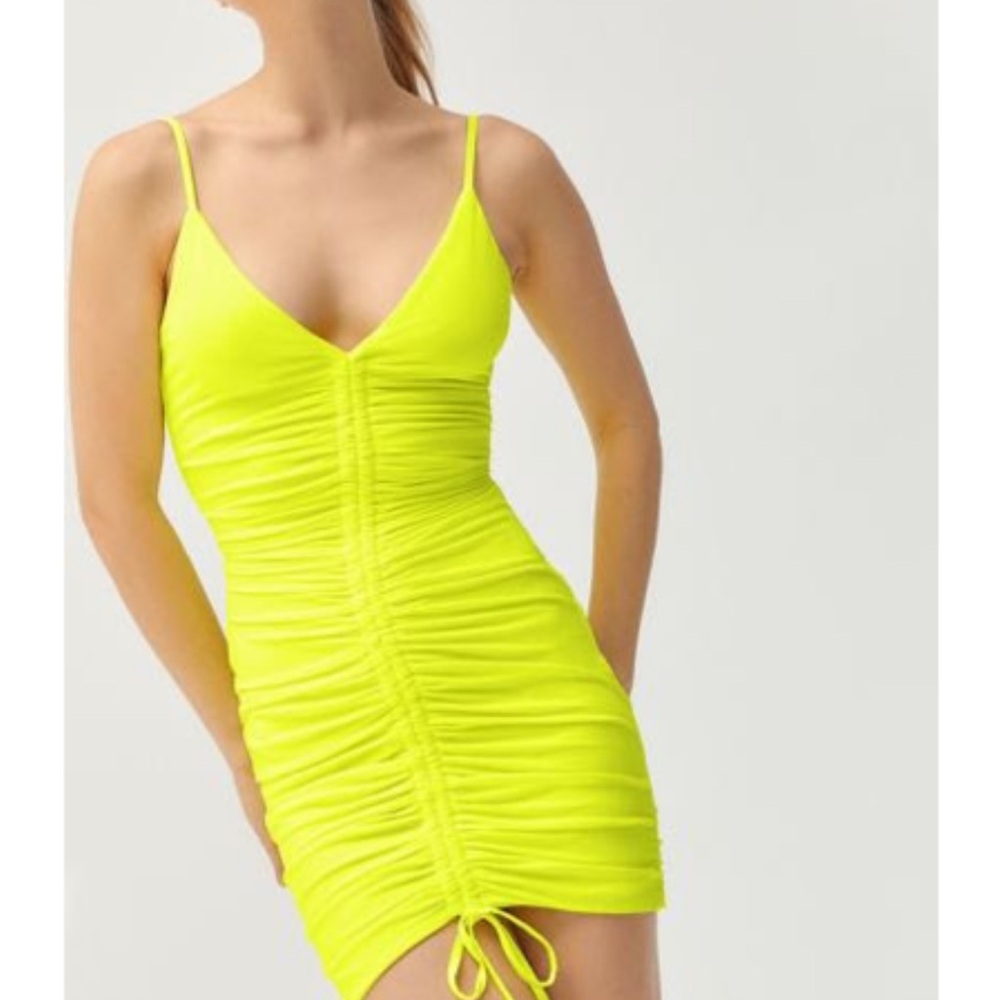 Tiger Mist Neon Yellow Ruched Mini Dress